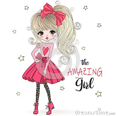 Hand drawn beautiful cute cartoon amazing fashion girl. Vector Illustration