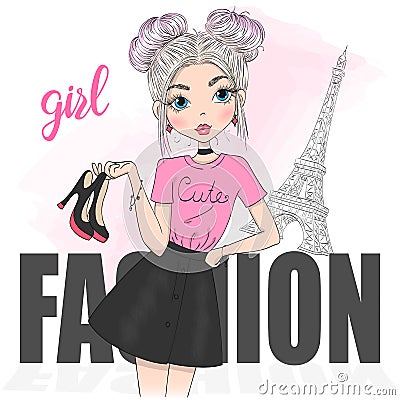 Hand drawn beautiful cute cartoon fashion girl. Vector illustration. Vector Illustration