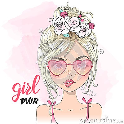 Hand drawn beautiful cute cartoon girl lipss and background with inscription girl power. Vector Illustration