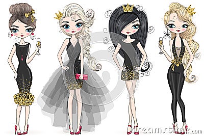 Hand drawn beautiful cute cartoon girl with crown and background with inscription girl power. Vector Illustration