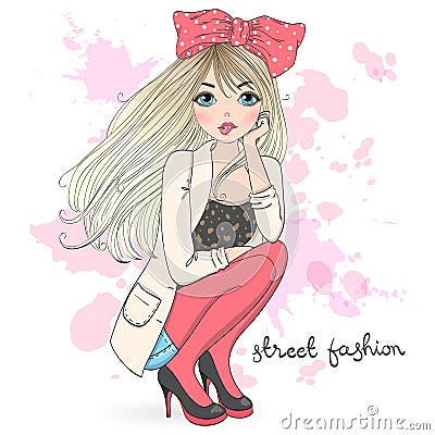 Hand drawn beautiful cute cartoon street fashion girl.. Vector Illustration