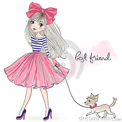 Hand drawn beautiful, cute fashion girl with pretty dog chihuahua. Vector Illustration