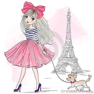 Hand drawn beautiful, cute fashion girl with pretty dog chihuahua. Vector Illustration