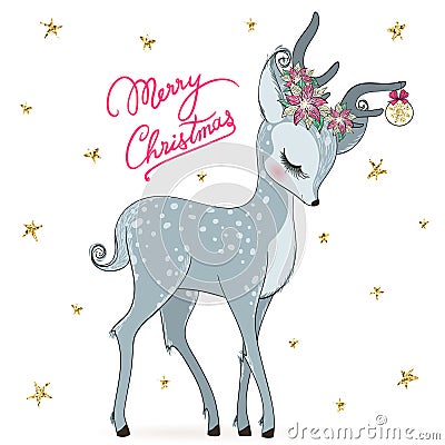 Hand drawn beautiful cute fashion winter deer girl with the words Merry Christmas. Vector Illustration