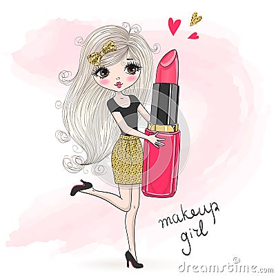 Hand drawn beautiful cute girl with big lipstick in her hand, doing makeup. Vector Illustration