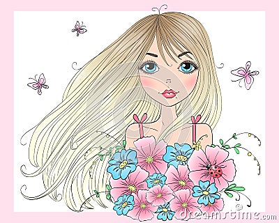 Hand drawn beautiful cute girl with a bouquet of flowers and butterflies. . Vector Illustration