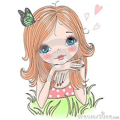 Hand drawn beautiful cute girl with a butterfly lies on a green grass. Vector Illustration