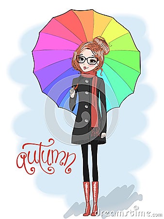 Hand drawn beautiful cute girl in glasses and with umbrella. Vector Illustration