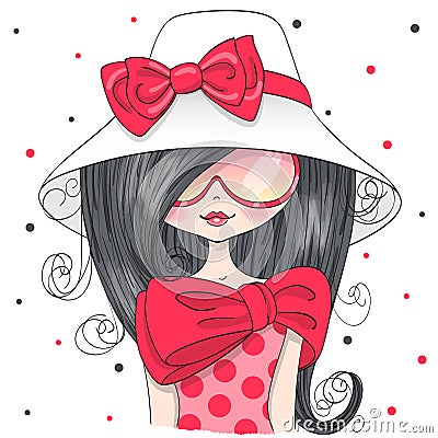 Hand drawn beautiful cute girl in pink glasses and hat. Vector Illustration