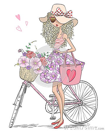 Hand drawn beautiful, cute girl stands near bicycle with a basket full of flowers. Vector Illustration