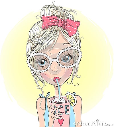 Hand drawn beautiful cute girl in sunglasses with cold cocktail in his hands in the background with the words I love summer. Vector Illustration