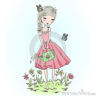 Hand drawn beautiful cute girl watering flowers in the garden with butterflies. Vector Illustration