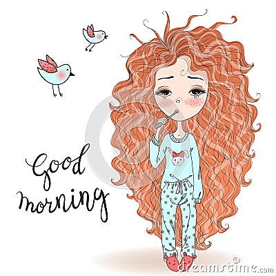 Hand drawn beautiful cute haired girl in pajamas. Vector Illustration