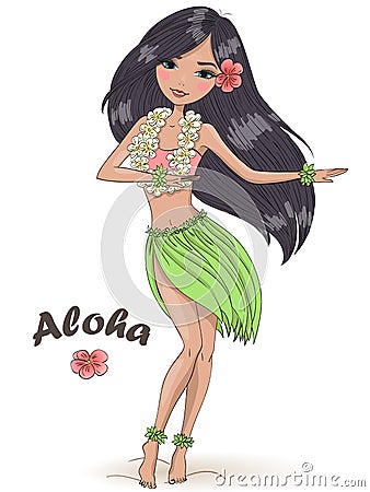 Hand drawn beautiful cute hula girl with hibiscus necklace on the background with inscription Aloha. Hawaii concept. Vector Illustration