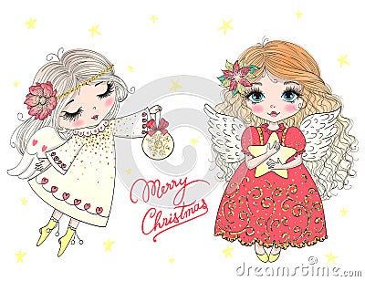 Hand drawn beautiful cute little Christmas angel girl with a flower. Vector Illustration