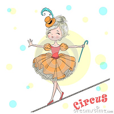 Hand drawn beautiful cute little circus girl balances on a tightrope. Vector Illustration