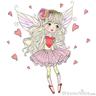 Hand drawn beautiful cute little fairy girl with a butterfly and wreath on her head. Vector Illustration