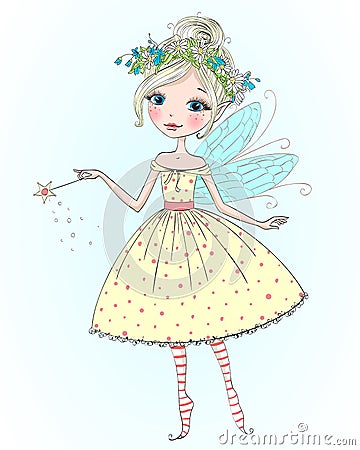 Hand drawn beautiful cute little fairy girl with a Magic wand. Vector Illustration