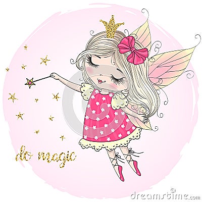 Hand drawn beautiful cute little fairy girl with a Magic wand. Vector Illustration