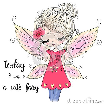 Hand drawn beautiful cute little fairy girl with wings and sneakers. Vector Illustration
