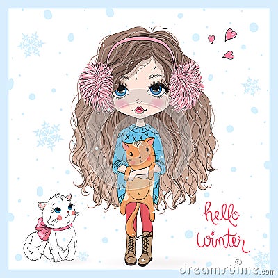 Hand drawn beautiful, cute, little girl with pretty cat. Vector Illustration