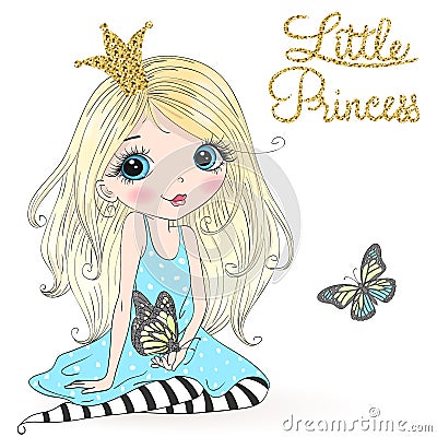 Hand drawn beautiful cute little princess girl with a butterfly. Vector Illustration