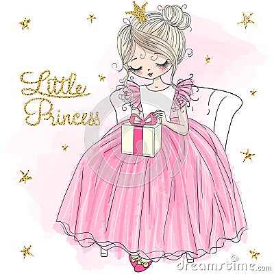 Hand drawn beautiful cute little princess girl with crown and gift. Vector Illustration