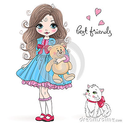 Hand drawn beautiful cute little princess girl with teddy bear and cat. Vector Illustration