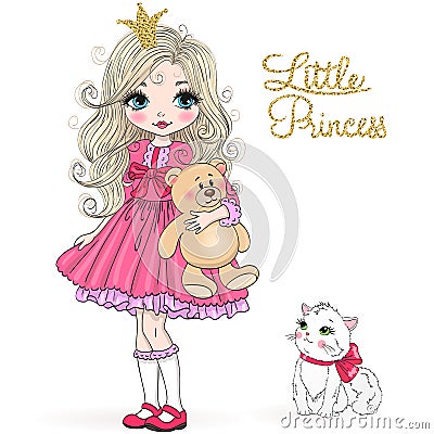 Hand drawn beautiful cute little princess girl with teddy bear and cat. Vector Illustration