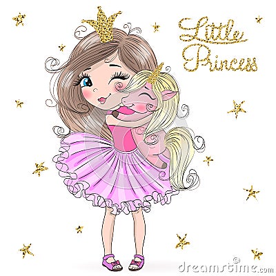 Hand drawn beautiful cute little princess girls with unicorn. Vector Illustration