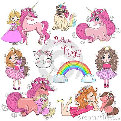 Hand drawn beautiful cute little princess girls with unicorn. Vector Illustration