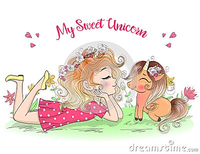 Hand drawn beautiful cute little princess girls with unicorn. Vector Illustration