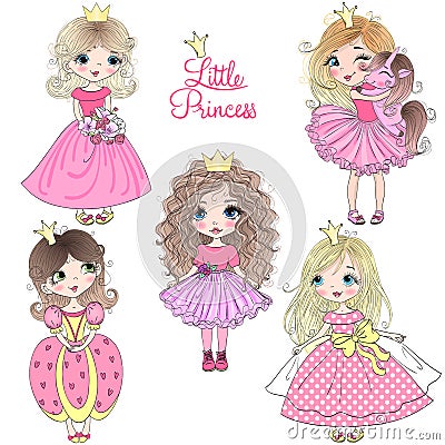 Hand drawn beautiful cute little princess girls with unicorn. Vector Illustration