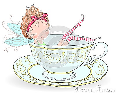 Hand drawn beautiful, cute, little redhead curly fairy girl with freckles takes a bath in a porcelain cup. Vector Illustration