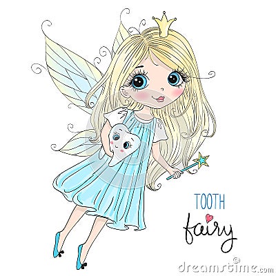 Hand drawn beautiful cute little tooth fairy girl with a tooth. Vector Illustration
