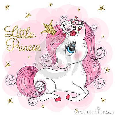 Hand drawn beautiful cute little unicorn girl with flowers on her head. Vector Illustration