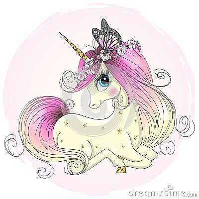 Hand drawn beautiful cute little unicorn girl with wreath on her head. Vector Illustration