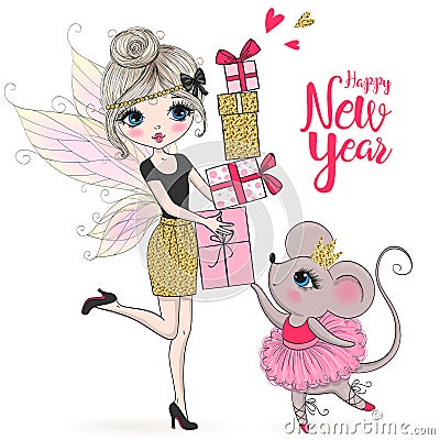 Hand drawn beautiful cute little winter fairy girl with a present and the words Happy New Year. Vector Illustration
