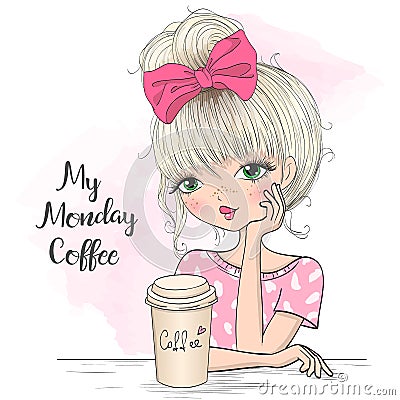 Hand drawn beautiful cute morning girl with coffee. Vector Illustration