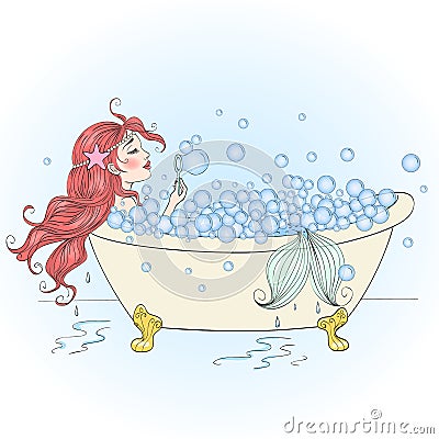 Hand drawn beautiful, cute, romantic redhead mermaid girl in the bathroom blow bubbles.. Vector Illustration