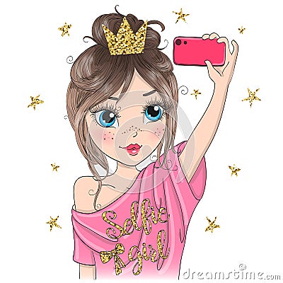 Hand drawn beautiful cute selfie girl with smart phone. Vector Illustration