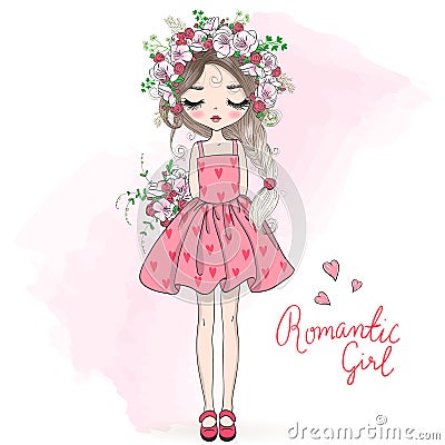 Hand drawn beautiful, cute spring girl with wreath of flowers. Vector Illustration