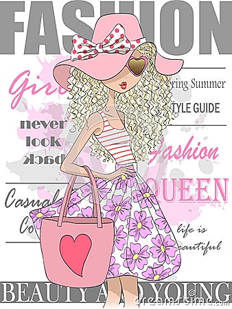 Hand drawn beautiful cute summer girl against the background of the cover of a glossy magazine. Vector Illustration
