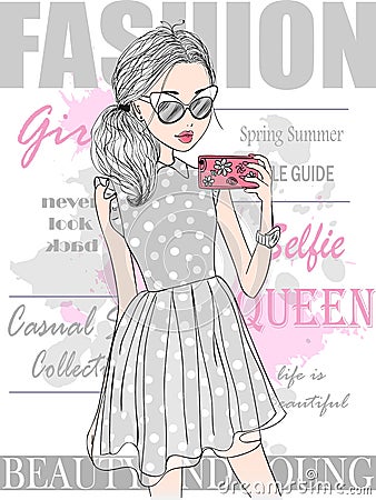 Hand drawn beautiful cute summer girl against the background of the cover of a glossy magazine. Vector Illustration