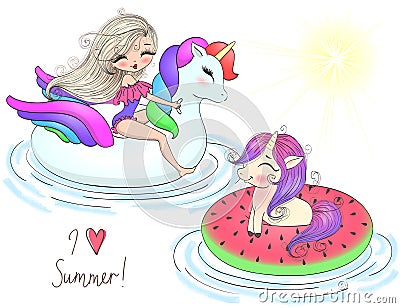 Hand drawn beautiful cute summer girls with big inflatable unicorn. Vector Illustration