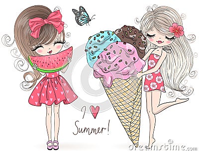 Hand drawn beautiful cute summer girls with big watermelon and ice-cream in her hands. Vector Illustration