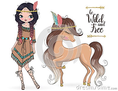 Hand drawn beautiful cute tribal indian girl with little horse. Vector Illustration