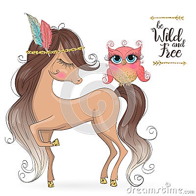 Hand drawn beautiful cute tribal indian girl with little horse. Vector Illustration