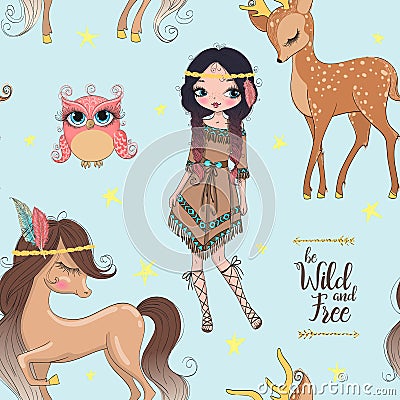 Hand drawn beautiful cute tribal indian girl with little horse. Vector Illustration