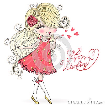 Hand drawn beautiful, cute, valentine girl in love. Vector Illustration